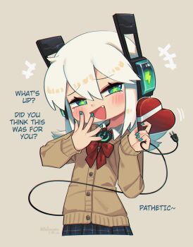 Rule 34 | +++, 1girl, :d, absurdres, artist name, blue skirt, blush, bow, bowtie, box, brown cardigan, cardigan, collared shirt, commentary, cropped legs, digitan (porforever), double-parted bangs, electric plug, electric plug tail, english text, fang, green eyes, green nails, grey background, hair between eyes, headset, heart-shaped box, highres, holding, holding box, long hair, long sleeves, looking at viewer, nail polish, open mouth, original, plaid clothes, plaid skirt, pleated skirt, porforever, red bow, red bowtie, school uniform, shirt, simple background, skirt, smile, solo, star-shaped pupils, star (symbol), symbol-shaped pupils, tail, untranslatable commentary, white hair, white shirt