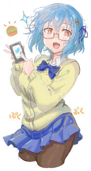 Rule 34 | 1girl, blue hair, blue ribbon, blue skirt, blush, bow, bowtie, breasts, brown pantyhose, burger hair ornament, cellphone, collared shirt, commentary request, food-themed hair ornament, glasses, hair ornament, hair ribbon, hamburger-chan (hundredburger), highres, large breasts, long sleeves, looking at viewer, open mouth, original, pantyhose, phone, red-framed eyewear, red eyes, ribbon, sharekoube, shirt, short hair, skirt, smile, solo, sweater, thighs, translation request, twitter logo, white shirt, yellow sweater