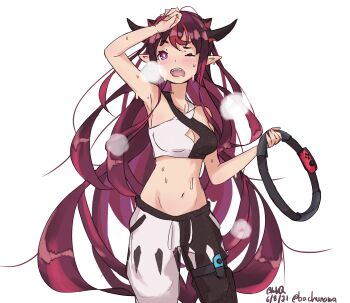 1girl absurdres arm_up bachunawa breasts commentary dated english_commentary exercising hand_to_forehead highres hololive hololive_english horns irys_(hololive) long_hair medium_breasts navel one_eye_closed open_mouth pointy_ears red_hair ring_(ring_fit_adventure) ring_fit_adventure steaming_body stomach sweat very_long_hair virtual_youtuber workout_clothes