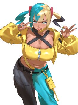 1girl :p absurdres aqua_hair baggy_pants black_pants blonde_hair blue_eyes blue_pants breasts canari_(pokemon) center-flap_bangs chinese_commentary commentary dark-skinned_female dark_skin fellatio_gesture highres jacket large_breasts looking_at_viewer mask mask_pull mega_stone midriff mouth_mask multicolored_hair navel nintendo pants pokemon pokemon_legends:_z-a simple_background solo split-color_hair stomach taiyang_yu tongue tongue_out twintails two-tone_hair two-tone_pants v white_background yellow_jacket