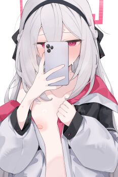 1girl black_jacket blue_archive blush breasts cellphone hair_between_eyes hairband halo highres jacket kei_(blue_archive) kei_(student)_(blue_archive) loli long_hair long_sleeves looking_at_viewer mikozin multicolored_jacket nipples open_clothes open_jacket phone red_eyes sidelocks small_breasts two-tone_jacket very_long_hair white_hair white_jacket
