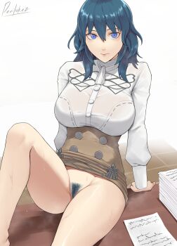 1girl :| absurdres artist_name ascot blue_eyes blue_hair breasts closed_mouth clothes_pull commentary commission devilukez english_commentary expressionless female_byleth_(fire_emblem) female_pubic_hair fire_emblem fire_emblem:_three_houses garreg_mach_monastery_uniform hair_between_eyes high-waist_skirt highres huge_breasts leaning_back long_sleeves looking_at_viewer medium_hair nintendo no_panties official_alternate_costume on_table pubic_hair second-party_source simple_background skirt skirt_pull skirt_rolled_up solo sweat table thighs tight_clothes upskirt white_ascot white_background