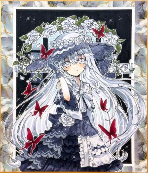 Rule 34 | 1girl, black gloves, bug, butterfly, closed mouth, commentary request, cowboy shot, dress, floral background, flower, frilled dress, frilled sleeves, frills, gloves, hand on headwear, hand up, hat, hat flower, highres, insect, long hair, long sleeves, looking at viewer, mahou shoujo no majo saiban, marker (medium), otomebakudan, red butterfly, rose, shikishi, smile, solo, spoilers, standing, traditional media, tsukishiro yuki, very long hair, white dress, white eyes, white flower, white hair, white hat, white rose