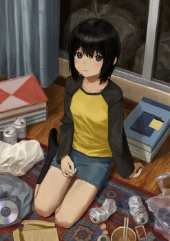 1girl absurdres an_yb arm_support bag black_hair black_shirt black_socks blue_skirt blush bob_cut book bowl can carpet chopsticks closed_mouth collarbone commentary_request curtains denim denim_skirt drink_can dvd_case full_body grey_eyes hand_on_own_leg highres kneehighs long_sleeves looking_at_viewer nakahara_misaki nhk_ni_youkoso! on_floor plastic_bag shirt short_hair sitting skirt socks solo trash_bag two-tone_shirt window yellow_shirt yokozuwari