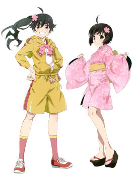 2girls absurdres ahoge araragi_karen araragi_tsukihi black_eyes black_hair black_sandals blush bow bowtie breasts closed_mouth collarbone dot_nose female_focus flat_chest flower flower_on_head full_body hands_on_own_hips highres hood hooded_jacket hoodie jacket japanese_clothes kimono legs long_hair long_sleeves looking_at_viewer monogatari_(series) multiple_girls official_art pants pink_bow pink_bowtie pink_flower pink_kimono pink_socks pink_yukata ponytail puffy_long_sleeves puffy_sleeves red_shoes sandals sash shirt shirt_under_jacket shoes short_hair shorts siblings side_ponytail simple_background sisters small_breasts smile socks teeth thighs white_background white_shirt yellow_jacket yellow_obi yellow_pants yellow_sash yellow_shorts yukata