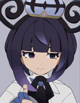 1girl black_hair black_ribbon blue_gloves blunt_bangs closed_mouth coat commentary_request eyelashes gloves grey_background grey_eyes gwynn_(pokemon) hand_up hat highres long_hair neck_ribbon nintendo open_clothes open_coat partially_fingerless_gloves pokemon pokemon_legends:_z-a ribbon sideways_glance simple_background smile solo upper_body usagi_mochi_(nsi_0012) white_coat