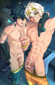 3boys :p abs aether_(genshin_impact) ahoge arm_around_neck arm_tattoo arm_up armpits artist_name bandaid bandaid_on_leg bar_censor bench bennett_(genshin_impact) blonde_hair braid censored changing_room chest_tattoo clothes_pull crossed_bangs fang flaccid genshin_impact gloves green_eyes green_hair grey_hair grin hair_between_eyes hand_on_own_hip hands_up head_tilt headband highres kinich_(genshin_impact) legs_apart locker locker_room male_focus middle_finger more_muscular_than_canon multicolored_eyes multicolored_hair multiple_boys multiple_scars navel nipples nude one_eye_closed orange_eyes pectorals penis penis_tattoo pubic_tattoo scar scar_on_chest scar_on_leg shoes shorts shorts_pull smile standing stomach tattoo testicles toned toned_male tongue tongue_out towel towel_around_neck towel_around_waist two-tone_eyes unworn_shoes v yanayaa_a