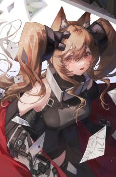 1girl absurdres alternate_breast_size_(larger) angelina_(arknights) animal_ears arknights arknights:_endfield bare_shoulders belt breasts brown_hair coat commentary_request dot_nose dress dutch_angle floating_paper fox_ears fox_girl from_above gilberta_(arknights) grey_dress headpiece high_belt high_collar highres impossible_clothes impossible_dress large_breasts letter light_particles long_hair long_sidelocks long_sleeves looking_at_viewer looking_up mumu_millhayes off_shoulder open_clothes open_coat polaroid_photo red_coat shelf short_dress sidelocks sleeveless sleeveless_dress solo twintails