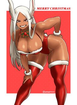 1girl absurdres alternate_costume animal_ears bare_shoulders bent_over boku_no_hero_academia border breasts christmas cleavage clothing_cutout commentary dark-skinned_female dark_skin dotted_background english_commentary english_text fur-trimmed_leotard fur-trimmed_thighhighs fur-trimmed_wrist_cuffs fur_trim grin hand_on_own_hip hand_on_own_knee hanging_breasts highleg highleg_leotard highres large_breasts leaning_forward leotard long_eyelashes long_hair looking_at_viewer merry_christmas mirko parted_bangs rabbit_ears rabbit_girl rabbit_tail red_background red_eyes red_leotard red_thighhighs smile solo tail tail_through_clothes thick_thighs thighhighs thighs toned toned_female twitter_username two-tone_bow very_long_hair white_border white_hair witlessfrawn
