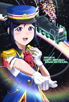 Rule 34 | 1girl, alternate hairstyle, animal print, artist name, artist request, ascot, badge, blue dress, blue hair, blue hat, blue skirt, blue vest, blush, breasts, close-up, cloud, collared dress, conductor, dress, dress shirt, earrings, epaulettes, feathers, female focus, folded ponytail, frog print, gloves, hair between eyes, hair bun, happy party train, hat, hat feather, heart (symbol), highres, holding, holding whistle, jewelry, long hair, looking at viewer, love live!, love live! school idol festival, love live! sunshine!!, matsuura kanan, miniskirt, neckerchief, night, outdoors, parted lips, peaked cap, plaid clothes, plaid dress, plaid skirt, pleated, pleated dress, pleated skirt, pointing, pointing at viewer, ponytail, purple eyes, purple hair, rainbow, rainbow road, red ascot, red neckerchief, red skirt, shirt, short hair, short sleeves, single hair bun, skirt, sky, small breasts, smile, solo, sparkle, star (symbol), train, train conductor, two side up, vest, whistle, white feathers, white gloves, white shirt, wing collar