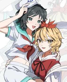 Rule 34 | 2girls, anchor symbol, black hair, blonde hair, brown ribbon, commentary, commentary request, commission, dress, english commentary, green eyes, green sailor collar, hagoromo, hat, highres, looking at viewer, midriff, mixed-language commentary, multicolored hair, multiple girls, murasa minamitsu, navel, neck ribbon, neckerchief, open mouth, puffy short sleeves, puffy sleeves, red dress, red neckerchief, ribbon, sailor collar, sailor hat, sailor shirt, shawl, shirt, short hair, short sleeves, shorts, skeb commission, smile, streaked hair, toramaru shou, touhou, two-tone hair, uehara suiyo, white hat, white shorts, yellow eyes, yuri, zoom layer