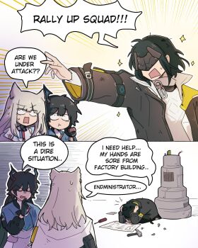 3girls animal_ears arknights arknights:_endfield bird_ears bird_girl black_coat black_gloves black_hair chen_qianyu_(arknights) closed_mouth coat commentary dragon_girl dragon_horn dragon_horns dress endministrator_(arknights) english_commentary english_text female_endministrator_(arknights) from_behind gloves hammer hands_up highres horns jacket long_hair long_sleeves looking_at_another motion_lines multiple_girls netoii open_clothes open_coat open_mouth outstretched_arm perlica_(arknights) screwdriver speech_bubble star_(symbol) sweat thinking upper_body white_dress