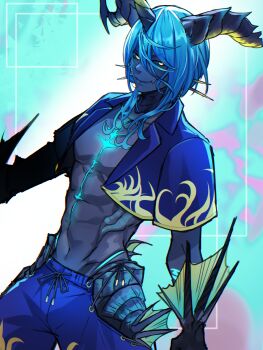 1boy blue_background blue_hair blue_horns blue_sclera blue_shirt blue_skin blue_swim_trunks colored_sclera colored_skin commentary_request cowboy_shot cropped_shirt deep_blue_(ff14) final_fantasy final_fantasy_xiv fins fish_boy gills highres horns long_hair male_focus male_swimwear monster_boy open_clothes open_shirt shiroesa shirt solo swim_trunks toned toned_male yellow_eyes