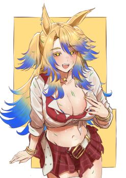1girl absurdres amesuku_gyaru animal_ears belt blonde_hair blue_eyes blue_hair blush bracelet breasts cleavage commentary cropped_shirt ear_ornament english_commentary gyaru highres horse_ears horse_girl jewelry kogal large_breasts long_hair looking_at_viewer midriff multicolored_hair navel obey_your_master_(umamusume) open_mouth red_skirt shirt sif221 skirt smile solo star-shaped_pupils star_(symbol) sweat symbol-shaped_pupils umamusume umamusume:_cinderella_gray white_shirt yellow_nails