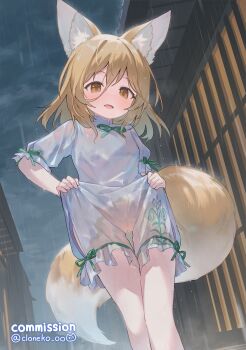 1girl absurdres animal_ears breasts brown_eyes brown_hair cloneko_(zelmeledf2) commission fox_ears fox_girl fox_tail frilled_romper frills highres kudamaki_tsukasa medium_hair open_mouth outdoors pee pee_stain peed_self rain romper skeb_commission small_breasts solo stained_clothes tail touhou variant_set wet wet_clothes white_romper