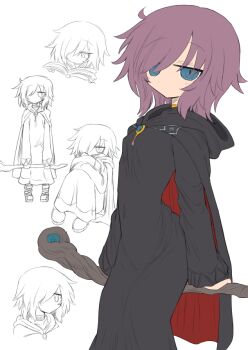 1girl black_robe blue_eyes commentary_request expressionless flat_chest holding holding_staff hooded_robe jitome kyuusui_gakari looking_at_viewer mage_staff medium_hair multiple_views original purple_hair robe sketch staff wizard