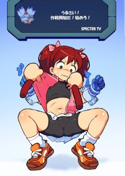 1boy 1girl bdsm bestiality bike_shorts black_shirt black_shorts blue_background blue_gloves blush bondage bound clenched_teeth clothes_lift constricted_pupils covered_erect_nipples cropped_shirt disembodied_hand dot_nose empty_eyes flat_chest full_body gloves gradient_background green_eyes hands_up hetero highres jacket japanese_text large_variant_set loli long_hair looking_at_another looking_down monkey navel open_clothes open_jacket orange_shoes pink_jacket pipo_monkey red_hair saru_getchu sayaka_(saru_getchu) scared shirt shoes shorts simple_background skirt skirt_lift sleeveless sleeveless_jacket sneakers socks solo_focus spread_legs squatting teeth translation_request twintails two-tone_background undressing_another variant_set white_background white_skirt white_socks yoma_(mayo)