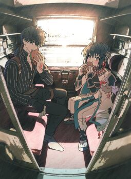 1boy 1other ahoge arm_guards belt black_gloves black_hair black_pants braid braided_bun brown_belt burger command_spell dress earrings eating fate/samurai_remnant fate_(series) feminization fingerless_gloves food gloves hair_bun hair_intakes highres holding holding_food jewelry looking_at_viewer low_ponytail magatama magatama_earrings miyamoto_252 miyamoto_iori_(fate) miyamoto_iori_(phantasmal_dress)_(fate) official_alternate_hairstyle orange_eyes other_with_male pants partially_toeless_legwear partially_unbuttoned photo_background pinstripe_pattern pinstripe_shirt ponytail shirt shoulder_guard sidelocks single_glove sitting striped_clothes striped_shirt thigh_belt thigh_strap train_interior vertical-striped_clothes vertical-striped_shirt white_dress yamato_takeru_(fate) yamato_takeru_(phantasmal_dress)_(fate)