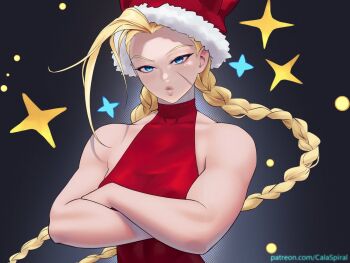 1girl bare_shoulders blonde_hair blue_eyes braid calad_g cammy_white capcom christmas gabriel_carrasquillo hat lips long_hair muscular muscular_female santa_hat scar scar_on_face serious sleeveless street_fighter