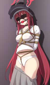 1girl absurdres arms_behind_back ball_gag bdsm black_choker blindfold blue_archive bondage bound box_tie choker collarbone crotch_rope drooling gag gagged halo helmet highres long_hair medium_hair navel neckerchief panties pink_hair pleated_skirt pussy_juice rabu_(blue_archive) restrained sailor_collar school_uniform serafuku shibari shibari_over_clothes shirt_overhang skindentation skirt solo standing stomach underwear very_long_hair wanliu white_panties wiffle_gag yellow_neckerchief