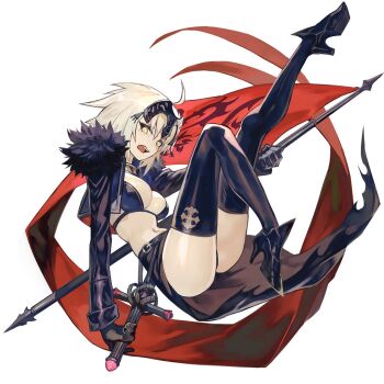 1girl belt black_belt black_thighhighs breasts cropped_jacket fate/grand_order fate_(series) flag floating full_body fur_trim headpiece holding holding_flag holding_sword holding_weapon jeanne_d'arc_alter_(fate) lack long_sleeves looking_at_viewer medium_breasts open_mouth solo standard_bearer sword teeth thighhighs upper_teeth_only waist_cape weapon yellow_eyes