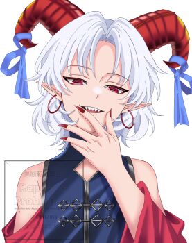 1girl blue_shirt commentary_request detached_sleeves earrings fingernails highres hoop_earrings horizontal_pupils horns jewelry looking_at_viewer oni_tama open_mouth pointy_ears red_eyes red_horns red_nails red_sleeves sharp_fingernails sharp_teeth shirt short_hair simple_background sleeveless sleeveless_shirt smile solo teeth touhou toutetsu_yuuma upper_body white_background white_hair