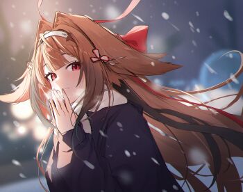 Rule 34 | 1girl, absurdres, alternate costume, black streaks, bow, brown hair, clover hair ornament, commentary request, droopy ears, fox girl, hair ornament, headband, highres, jacket, long hair, looking at viewer, nasol, own hands together, red eyes, ribbon, scarf, snowing, very long hair, winter clothes, ye shunguang, zenless zone zero