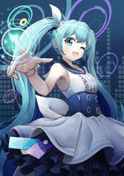 1girl absurdres aqua_halo black_sailor_collar blue_archive blue_eyes blue_hair blush bow breasts center_frills clothes_lift collarbone commentary_request drawing_rak dress frilled_dress frills hair_between_eyes hair_ornament halo hatsune_miku hatsune_miku_(blue_archive) high-waist_skirt highres long_hair medium_breasts multicolored_hair one_eye_closed open_mouth pink_hair sailor_collar scrunchie signature skirt skirt_lift sleeveless sleeveless_dress smile solo tilted_halo twintails very_long_hair vocaloid white_dress white_scrunchie white_skirt wrist_scrunchie