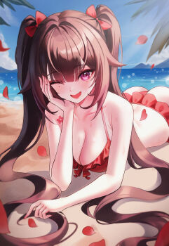 1girl absurdres ass bikini blush bow breasts brown_eyes butterfly-shaped_pupils chest_tattoo cleavage collarbone commentary english_commentary falling_petals flower_tattoo frilled_bikini frills hair_bow hand_on_own_cheek hand_on_own_face highres honkai:_star_rail honkai_(series) long_hair looking_at_viewer lying nurie6351 on_stomach open_mouth petals pink_eyes red_bikini red_bow red_petals smile solo sparkle_(honkai:_star_rail) swimsuit symbol-shaped_pupils tattoo twintails very_long_hair