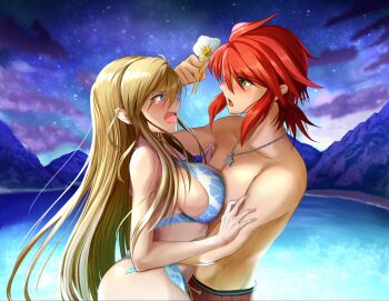 1boy 1girl akatsuki_takahiro bare_shoulders beach bikini blue_bikini blue_eyes blush breasts brown_hair cloud cloudy_sky collarbone commentary_request couple floral_print flower_hairpin from_side green_eyes hair_between_eyes hand_on_another&#039;s_arm hand_on_another&#039;s_hip highres holding_hairpin jewelry large_breasts long_hair looking_at_another luke_fon_fabre male_swimwear mountainous_horizon multicolored_bikini necklace official_alternate_costume open_mouth outdoors print_bikini profile red_hair short_hair side-tie_bikini_bottom sideboob sidelocks sky star_(sky) starry_sky swim_trunks swimsuit tales_of_(series) tales_of_the_abyss tear_grants topless_male two-tone_bikini upper_body water white_bikini
