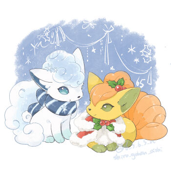 Rule 34 | 65rocorokon, alolan form, alolan vulpix, blue eyes, capelet, christmas, clothed pokemon, commentary request, full body, fur-trimmed capelet, fur trim, gen 1 pokemon, gen 7 pokemon, green eyes, highres, holly, looking at another, looking to the side, lying, nintendo, no humans, pokemon, pokemon (creature), pokemon focus, scarf, sitting, smile, vulpix, winter