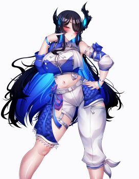 Rule 34 | 1girl, absurdres, asymmetrical horns, bare shoulders, black hair, black horns, blue hair, blush, craymer, cropped shirt, hair over one eye, highres, hololive, hololive english, horns, idol, navel, nerissa ravencroft, pants, purple eyes, shirt, simple background, solo, uneven horns, virtual youtuber, white background, white pants, white shirt