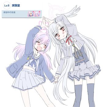 2girls :d ^_^ ahoge black_necktie black_thighhighs blue_archive blue_jacket blue_neckerchief blush closed_eyes commentary_request frilled_skirt frills game_screenshot_inset grey_serafuku grey_shirt grey_skirt hair_between_eyes halo hand_on_another's_hand hand_up head_wings highres holding_hands jacket long_hair long_sleeves low_twintails mole mole_under_eye multicolored_hair multiple_girls neck_ribbon neckerchief necktie open_clothes open_jacket open_mouth orange_eyes pink_hair pleated_skirt purple_hair red_ribbon reisa_(blue_archive) ribbon sailor_collar school_uniform serafuku shirt single_head_wing skirt smile suzumi_(blue_archive) sweatdrop takahisayuki thighhighs twintails two-tone_hair v-shaped_eyebrows very_long_hair white_background white_hair white_sailor_collar white_serafuku white_shirt white_skirt wings