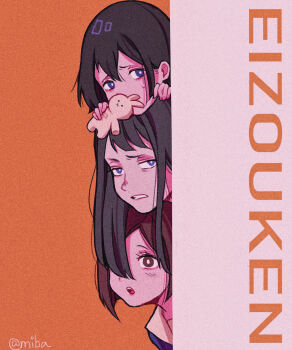 3girls asakusa_midori asymmetrical_bangs black_hair brown_hair commentary copyright_name eizouken_ni_wa_te_wo_dasu_na! highres kanamori_sayaka long_hair miba mizusaki_tsubame multiple_girls school_uniform shibahama_high_school_uniform stuffed_animal stuffed_rabbit stuffed_toy twitter_username