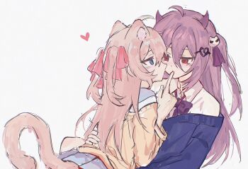 2girls animal_ears blue_cardigan blue_skirt blush brown_hair cardigan cat_ears cat_girl cat_tail collared_shirt commentary demon_horns english_commentary evil_neuro-sama finger_to_another&#039;s_mouth gift_art hair_ribbon hand_on_another&#039;s_waist heart highres horns incest long_hair looking_at_another multiple_girls neuro-sama pink_ribbon pinkpink939 pleated_skirt red_eyes ribbon second-party_source shirt siblings sisters skirt tail twincest twins two_side_up vedal_ai white_shirt yellow_cardigan yuri