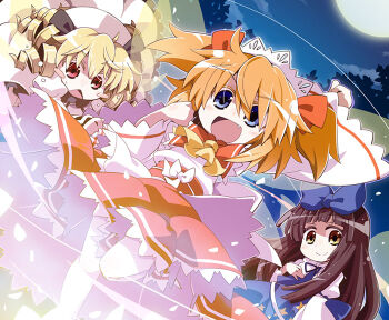 3girls akaneya arm_up black_hair blonde_hair blue_dress blue_eyes blush_stickers bow brown_eyes chestnut_mouth cloud dress drill_hair fang full_moon hair_bow hat juliet_sleeves light_brown_hair long_hair long_sleeves luna_child maid_headdress moon multiple_girls night obi open_mouth pantyhose puffy_sleeves raised_fist red_eyes sash sky smile standing standing_on_one_leg star_sapphire sunny_milk touhou twintails white_dress wide_sleeves