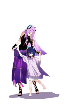 1boy 1girl aged_down animal_ears arm_cutout armlet arms_at_sides arms_up bare_shoulders barefoot bat_boy bat_ears black_gloves black_leotard black_sandals black_sleeves blue_eyes blunt_ends blunt_tresses braid citlali_(genshin_impact) cleavage_cutout closed_eyes clothing_cutout collarbone commentary_request detached_sleeves eyelashes facial_mark facing_down feather_hair_ornament feathers fingerless_gloves floating_headgear forehead_mark fringe_trim full_body genshin_impact gladiator_sandals gloves gold gradient_hair grandmother_and_grandson hair_intakes hair_ornament hair_tubes head_down headgear height_difference heterochromia highleg highleg_leotard highres hip_vent holding_hands jewelry korean_commentary leotard long_hair multicolored_hair open_mouth ororon_(genshin_impact) parted_bangs pink_feathers pink_hair purple_hair purple_sarong red_eyes ribbed_leotard ring_hair_ornament sandals sarong shadow shirt short_sleeves shorts sidelocks single_glove stomach_cutout sugarcanedove toes triangle triangle_facial_mark tsurime twin_braids white_background white_shirt white_shorts white_sleeves