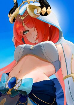 1girl absurdres aqua_eyes black_horns blue_background blue_skirt breasts commentary crop_top fake_horns from_below genshin_impact grin hair_over_one_eye harem_outfit highres horns konmirai light_blush long_hair medium_breasts midriff navel nilou_(genshin_impact) red_hair skirt smile solo stomach symbol-only_commentary upper_body veil white_veil
