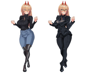 1girl absurdres black_jacket black_pants black_suit black_sweater blonde_hair blue_pants boji_norn boots breasts chainsaw_man demon_girl demon_horns denim formal_clothes glasses grin hair_between_eyes highres horns jacket jeans large_breasts long_hair long_hair_between_eyes multiple_views pant_suit pants pinstripe_jacket pinstripe_pants pinstripe_pattern power_(chainsaw_man) red_horns simple_background smile striped_clothes striped_jacket suit suit_jacket sweater sweater_tucked_in teeth thigh_boots turtleneck turtleneck_sweater white_background yellow_eyes