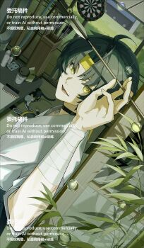 1boy absurdres alternate_costume animal arrow_(projectile) asaba_harumasa asaboo_(zenless_zone_zero) bandaged_arm bandages bangboo_(zenless_zone_zero) bingzhen_h2o black_choker black_hair cat cellphone choker commentary_request cup dartboard hand_up headband highres indoors male_focus open_mouth parted_bangs phone pill plant shadow shirt short_hair smartphone solo_focus table upper_body white_shirt yellow_eyes yellow_headband zenless_zone_zero