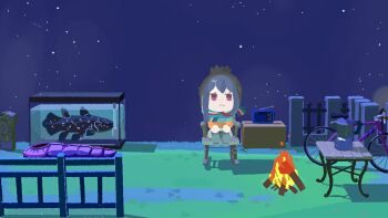 1girl :< animal_crossing bicycle blue_hair box campfire cardboard_box chair chibi coelacanth coffee_pot commentary fence fire fish fish_tank hat jacket jitome naaga_sonomono night nintendo oekaki outdoors parody purple_eyes radio scarf shima_rin sitting sky sleeping_bag style_parody table winter_clothes yurucamp