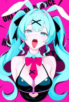 1girl ahoge animal_ears bare_shoulders black_leotard blue_eyes blue_hair breasts chest_harness clothing_cutout commentary_request cutout_above_navel fake_animal_ears harness hatsune_miku heart_cutout highres leotard long_hair medium_breasts open_mouth pink_background playboy_bunny rabbit_ears rabbit_hole_(vocaloid) samowasa simple_background solo spaghetti_strap through_wall tongue tongue_out twintails upper_body vocaloid