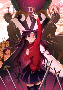 Rule 34 | 1girl, 2boys, archer (fate), black hair, black skirt, black thighhighs, blue eyes, body markings, breasts, cowboy shot, eladb art, emiya shirou, fate/grand order, fate/stay night, fate/unlimited blade works, fate (series), gem, glowing, hair ribbon, hair slicked back, half updo, hand on own chest, hand up, highres, jewelry, long hair, medium breasts, multiple boys, parted bangs, parted lips, pendant, planted, planted sword, planted weapon, pleated skirt, red gemstone, red shirt, ribbon, shirt, short hair, skirt, sword, thighhighs, tohsaka rin, turtleneck, twintails, twitter username, unlimited blade works (reality marble), weapon, zettai ryouiki