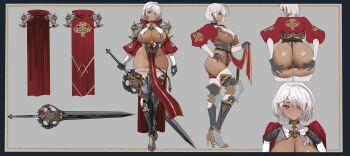 1girl absurdres armor ass black_gloves blush breasts cleavage commentary commission dark-skinned_female dark_skin english_commentary gloves greaves hair_over_one_eye hand_on_own_hip high_heels highres holding holding_sword holding_weapon large_breasts looking_at_viewer multiple_views original pauldrons purple_eyes reference_sheet second-party_source short_hair shoulder_armor skeb_commission sword teddypocky thighhighs weapon wedgie white_hair white_thighhighs