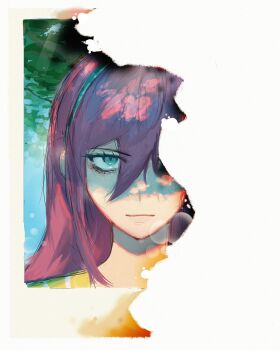 1girl absurdres aegyo_sal aubrey_(faraway)_(omori) aubrey_(omori) blue_eyes blue_hairband blue_sky burnt closed_mouth commentary dappled_sunlight day double-parted_bangs english_commentary hair_between_eyes hairband highres lens light_frown long_hair looking_at_viewer omori photo_(object) pink_hair portrait raliel_(r_a_l_i_e_l) sailor_collar shaded_face sidelocks sky solo straight-on straight_hair sunlight tree tsurime upturned_eyes yellow_sailor_collar