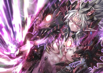 1girl abs armor breasts commentary_request earrings energy_sword extra_eyes fur_collar grey_hair highres jewelry medium_breasts original pointy_ears red_eyes revealing_clothes solo strail_cycleman sword weapon