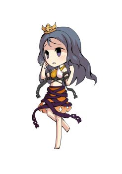 1girl bare_shoulders barefoot black_ribbon blue_hair blush breasts chibi chibi_only chirizuka_ubame clenched_hands commentary_request crop_top dairi full_body hands_up large_variant_set long_hair medium_breasts orange_skirt parted_lips purple_ribbon ribbon ribbon_around_body simple_background skirt solo standing standing_on_one_leg stomach tachi-e tank_top tiara touhou transparent_background variant_set