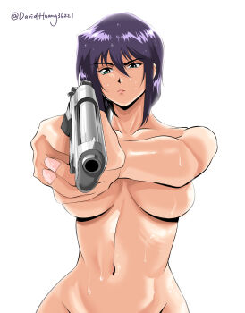 Rule 34 | 1girl, breasts, collarbone, completely nude, convenient arm, convenient censoring, cowboy bebop, david huang, faye valentine, fingernails, green eyes, gun, hair between eyes, highres, huge breasts, navel, nude, pov, purple hair, short hair, simple background, solo, weapon, wet, white background
