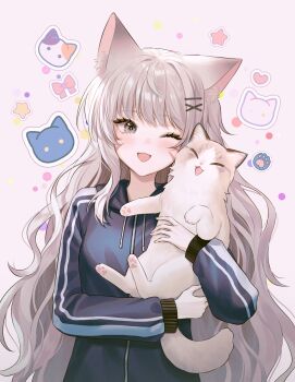 1girl ;d animal animal_ears black_jacket carrying cat cat_ears commentary_request commission drawstring facial_mark fymrie grey_eyes hair_ornament hairclip highres jacket korean_commentary long_hair long_sleeves looking_at_viewer one_eye_closed open_mouth original resia_(emonmong) second-party_source smile solo track_jacket very_long_hair wavy_hair white_cat white_hair zipper