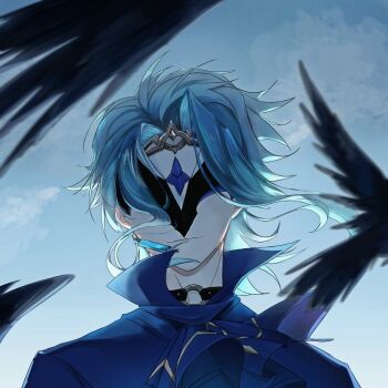 1boy bird black_bird blue_hair blue_shirt closed_mouth commentary covered_eyes dottore_(genshin_impact) earrings eye_mask facing_viewer genshin_impact jewelry lobsangleaf male_focus mask o-ring shirt short_hair single_earring solo upper_body